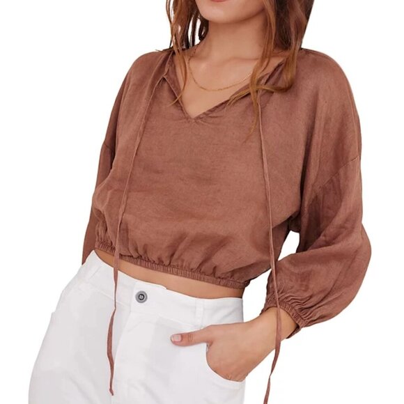 Bella Dahl | Linen Tie Neck Top In Blue - Picture 13 of 16